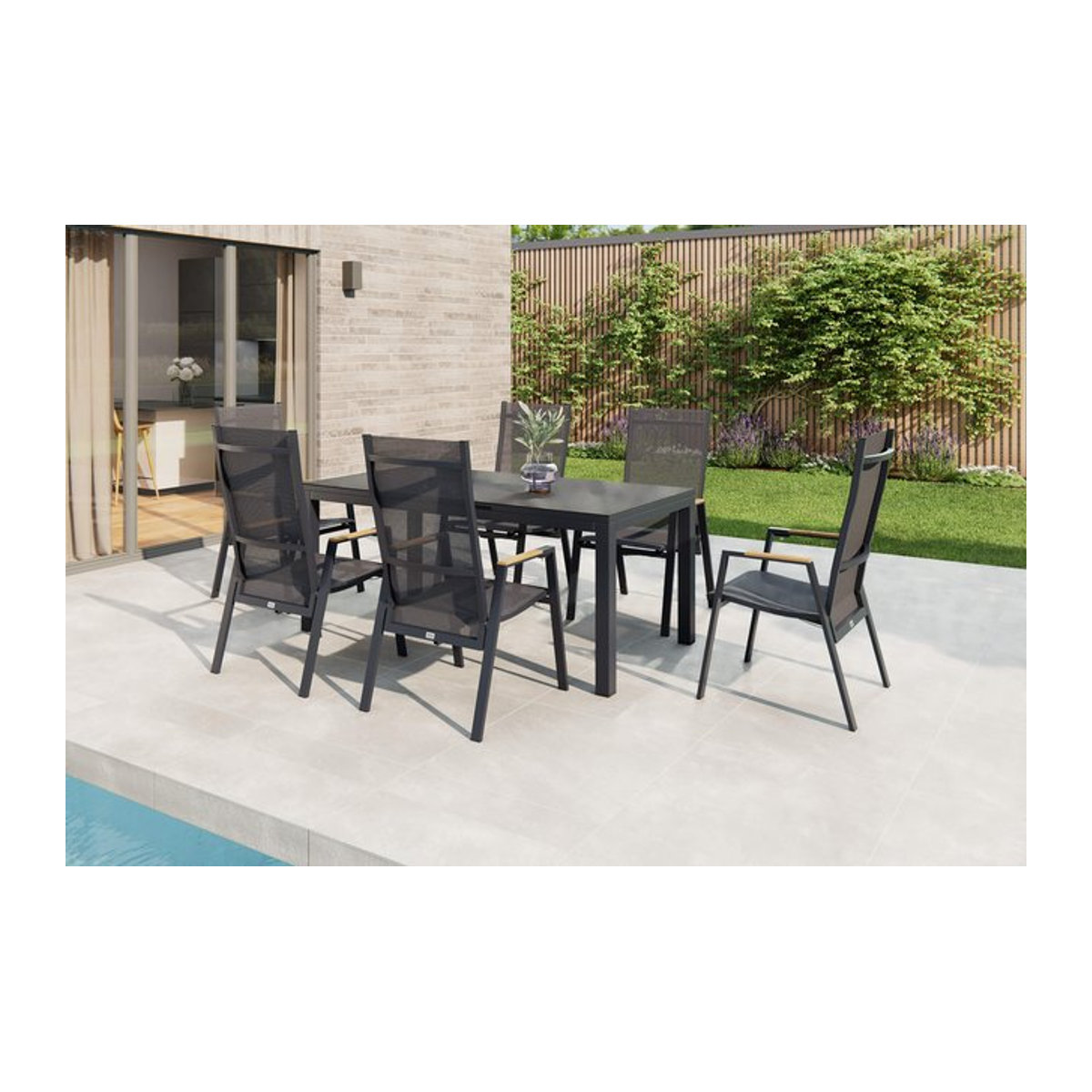 Siena Garden Garten-Essgruppe Miros/Savona Move in Anthrazit mit Ausziehtisch und 6 Stapelsesseln aus Aluminium und Textilene - Bild 1