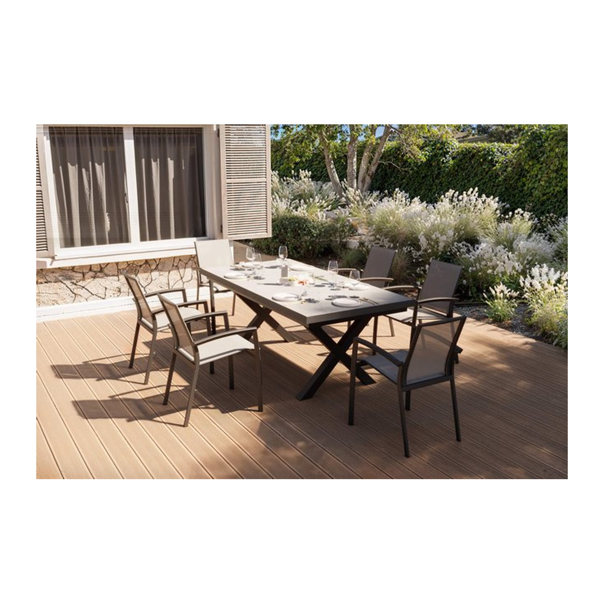 Siena Garden Garten-Essgruppe von OUTFLEXX in Schwarz, Anthrazit und Grau, ausziehbar mit 6 Diningsesseln aus Aluminium, Keramik und Ranotex - Bild 1
