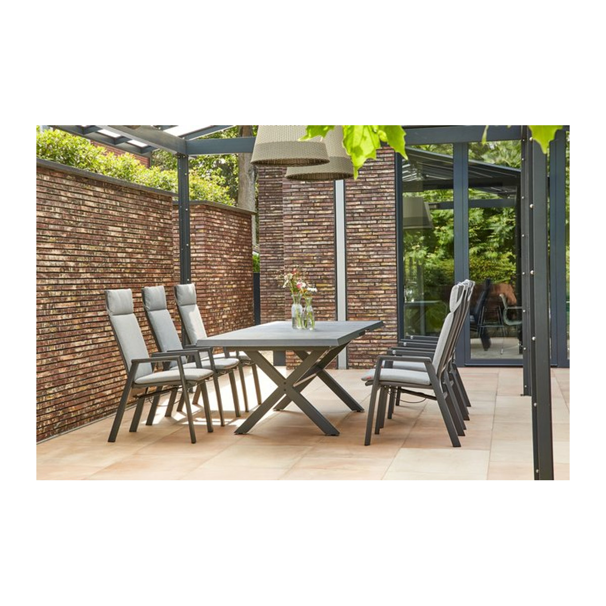 Siena Garden Messina/Velia Garten-Essgruppe in Anthrazit/Grau mit 6 Diningsesseln, stufenlos verstellbarer Tisch aus Alu, Textilgewebe und Keramik, B/T: 200-260 x 100 cm - Bild 1