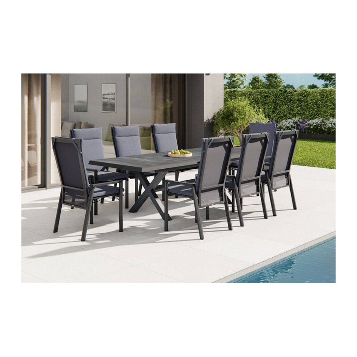 Siena Garden Messina/Velia Garten-Essgruppe in Anthrazit und Grau mit 8 Diningsesseln, stufenlos verstellbarer Tisch aus Aluminium, Keramik und Textilgewebe, B/T: 200-260 x 100 cm - Bild 1