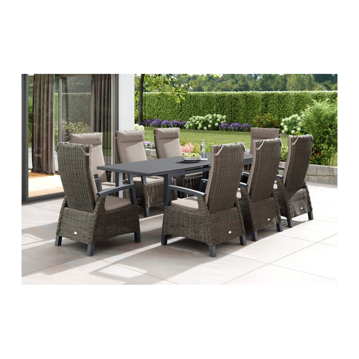 Siena Garden Miros/Corido Garten-Essgruppe in Anthrazit mit Ausziehtisch und 8 Sesseln aus Aluminium, Glas und Gardino Geflecht - Bild 1