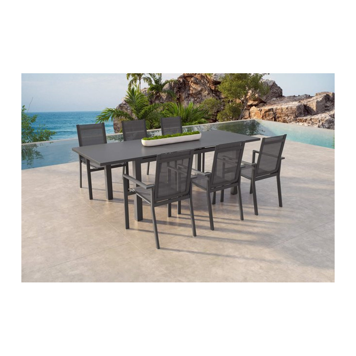 Siena Garden Miros Garten-Essgruppe aus Alu und Glas in Anthrazit/Dark Concrete mit Ausziehtisch 180/240 cm und 6 Stapelsesseln - Bild 1