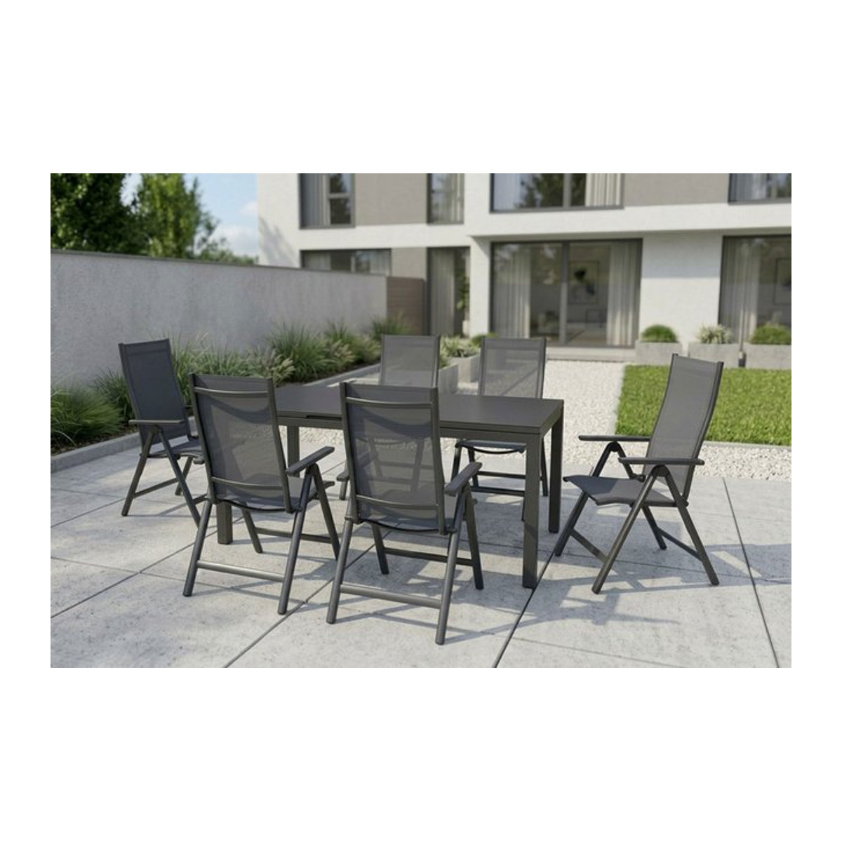 Siena Garden Miros Garten-Essgruppe aus Aluminium und Glas in Anthrazit mit Ausziehtisch und 6 Klappstühlen, B/T/H: 90 x 180/240 x 90 cm - Bild 1
