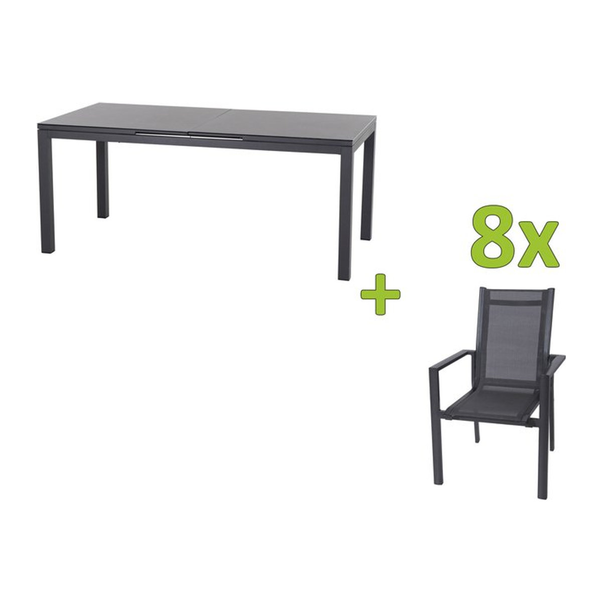Siena Garden Miros Garten-Essgruppe aus Aluminium und Glas in Anthrazit mit Ausziehtisch und 8 Stapelsesseln - Bild 1