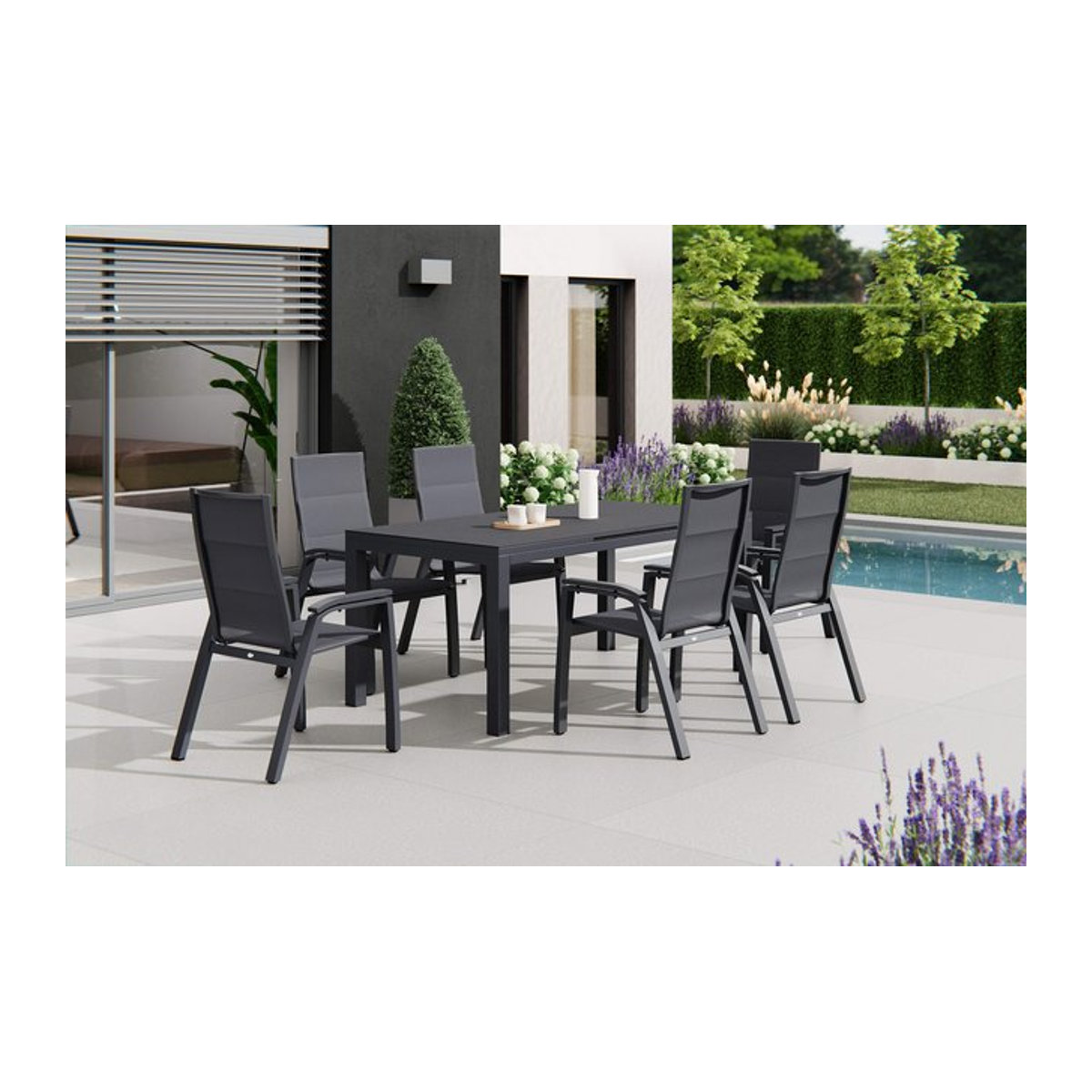 Siena Garden Miros Milano Garten-Essgruppe in Anthrazit mit Ausziehtisch und 6 Sesseln aus Aluminium und Ranotex-Gewebe - Bild 1