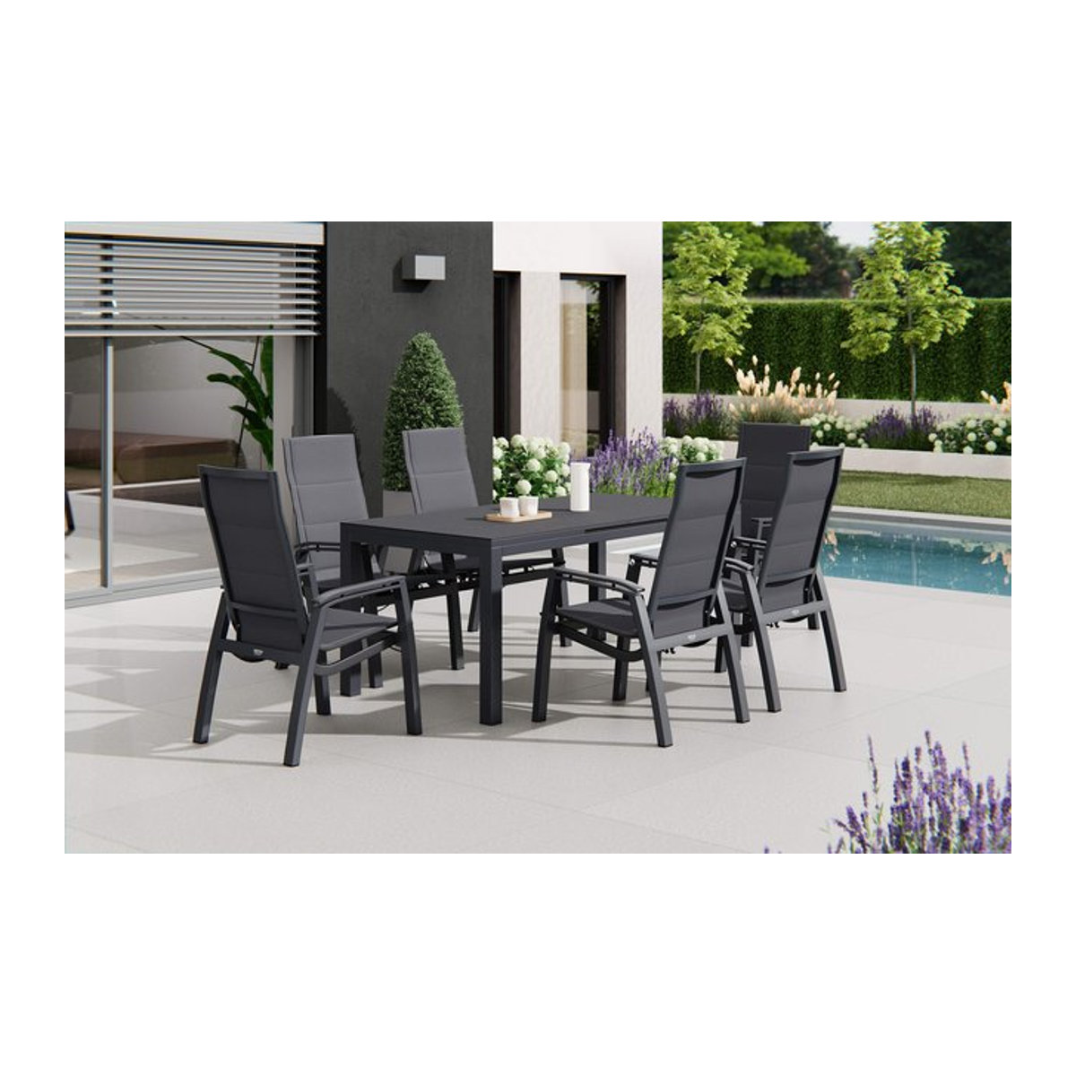Siena Garden Miros/Milano Garten-Essgruppe in Anthrazit mit Ausziehtisch und 6 Stapelsesseln aus Aluminium und Ranotex-Gewebe, Tisch B: 180 bis 240 cm, T: 90 cm - Bild 1