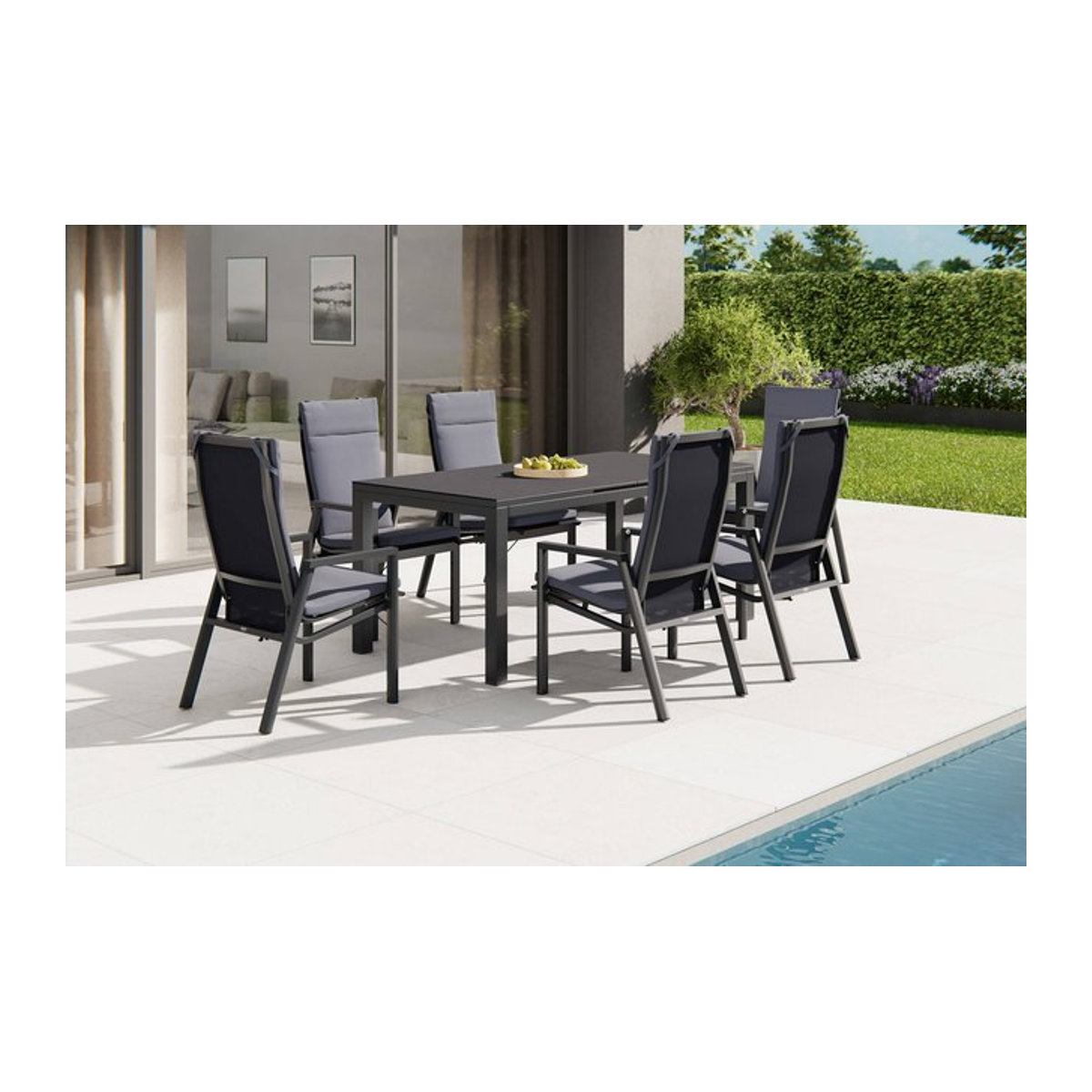 Siena Garden Miros/Valencia Garten-Essgruppe in Anthrazit mit Ausziehtisch und 6 Stapelsesseln aus Aluminium und Ranotex-Gewebe, Tisch B: 180 bis 240 cm, B/T/H: 240 x 90 cm - Bild 1