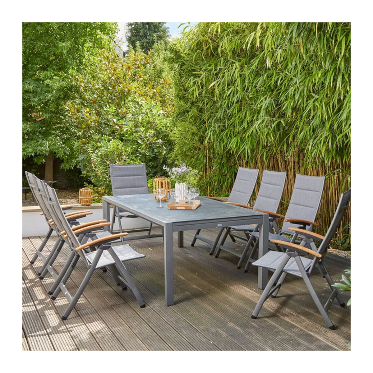 Siena Garden Savina XL/Kingston Garten-Essgruppe aus Alu, Teak und Texfabric in matt Graphit/Grau/Slate Look mit Tisch und 8 Klappstühlen, Tisch B: 220 bis 340 cm, B: 108 cm - Bild 1