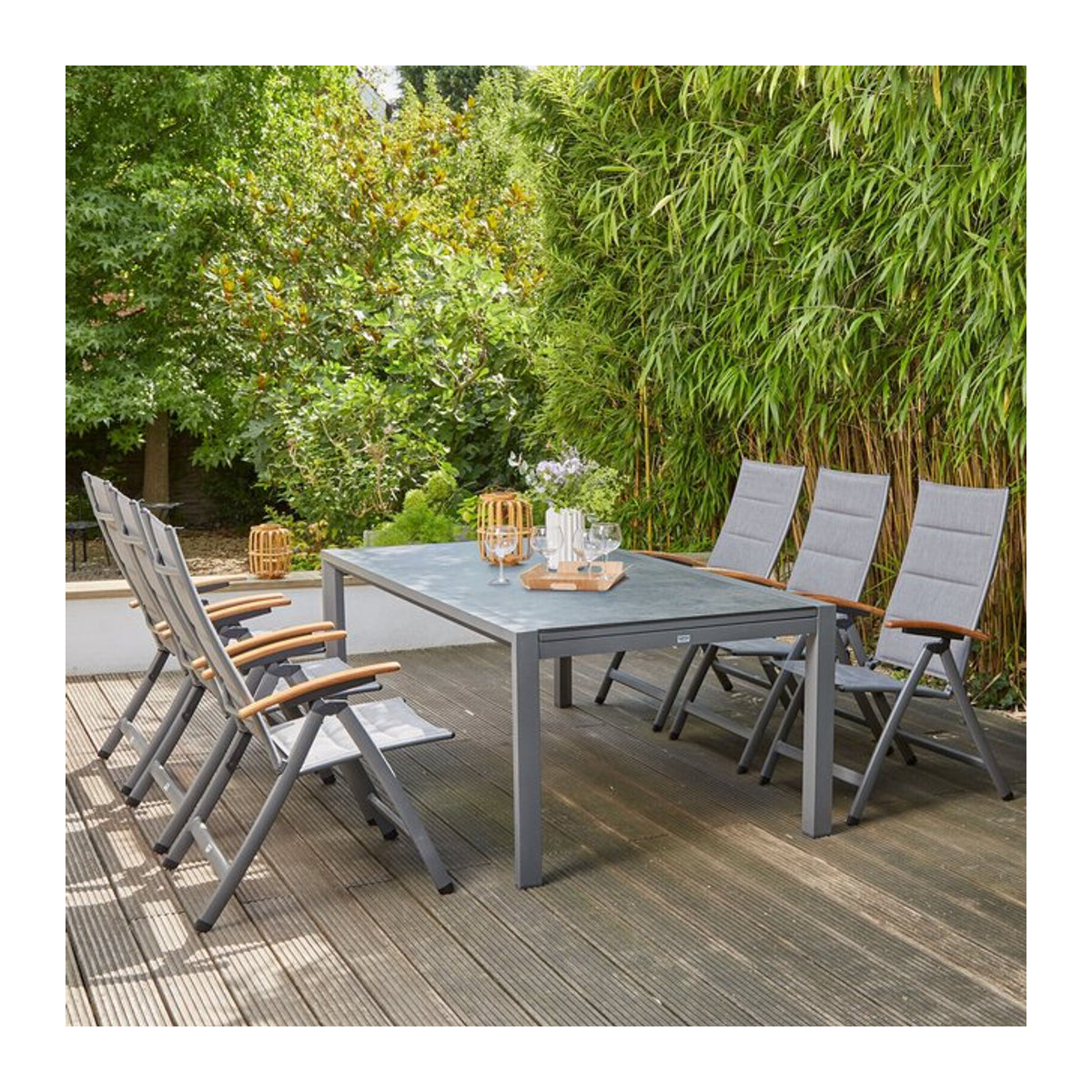 Siena Garden Savina XL/Kingston Garten-Essgruppe aus Aluminium, Teak und Stoff in Anthrazit und Grau mit Tisch und 8 Klappstühlen, Tisch B: 220 cm bis 340 cm, B: 108 cm - Bild 1
