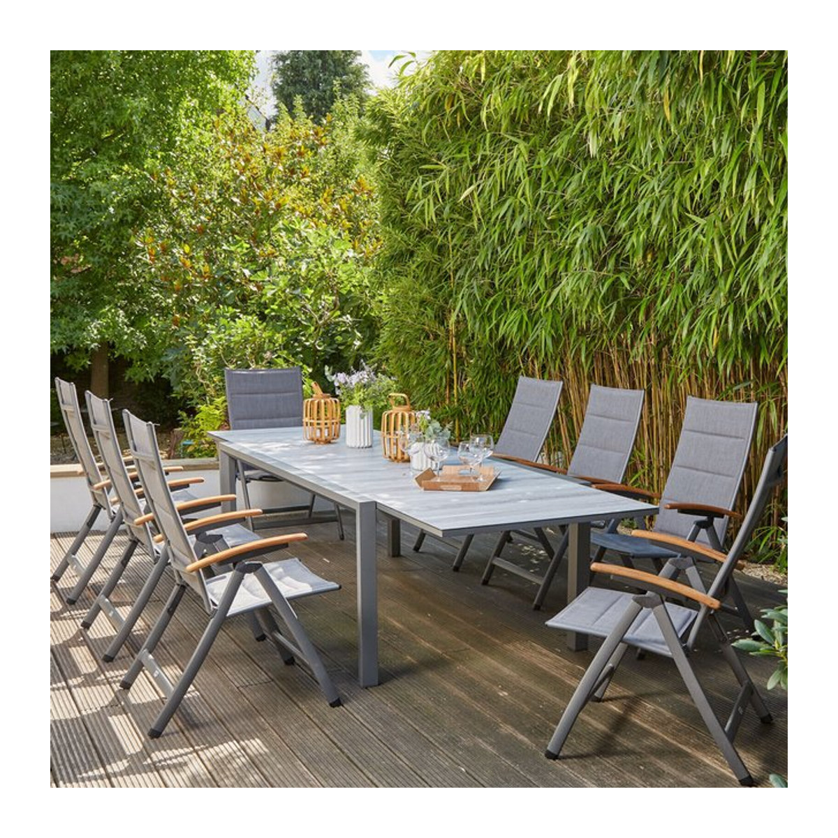 Siena Garden Savina XL/Kingston Garten-Essgruppe aus Aluminium, Teak und Texfabric in Matt Graphit/Grau/Wood Look mit Tisch und 8 Klappstühlen, Tisch B: 220 cm bis 340 cm, B: 108 cm - Bild 1