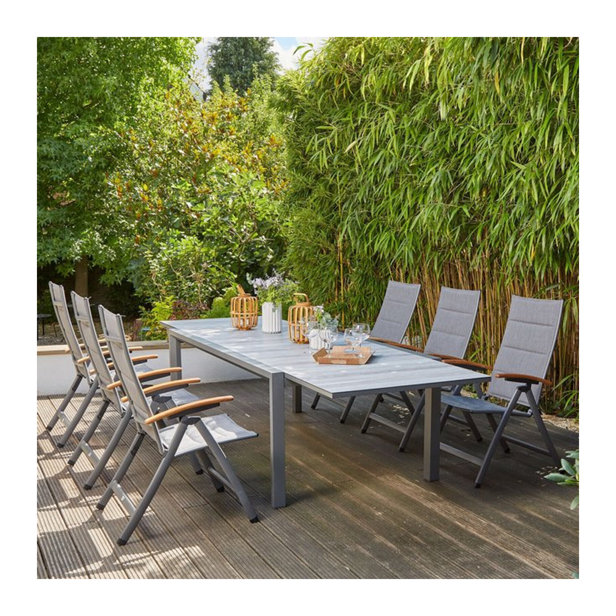 Siena Garden Savina XL/Kingston Garten-Essgruppe in matt Graphit und Grau mit Wood Look aus Alu, Teak und Texfabric, Tisch B: 220 cm bis 340 cm, B: 108 cm, inkl. 6 Klappstühlen - Bild 1