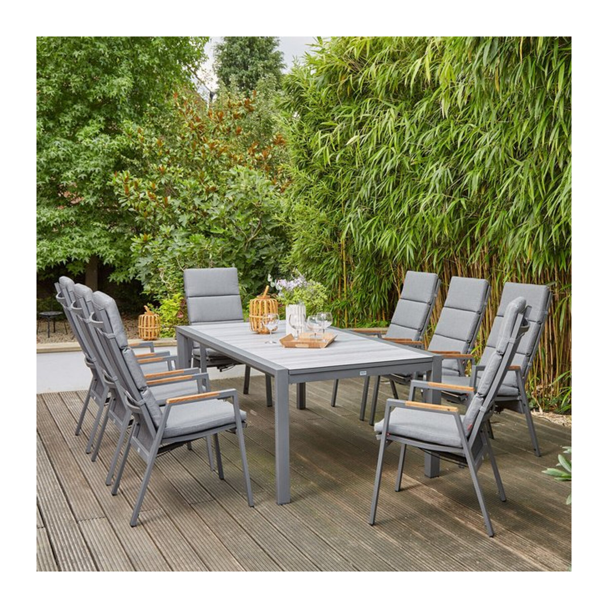 Siena Garden Savona/Kingston Garten-Essgruppe aus Aluminium, Teak und Keramik in Anthrazit und Grau mit 8 Stapelsesseln und Tisch B: 220 cm bis 340 cm, T: 108 cm - Bild 1