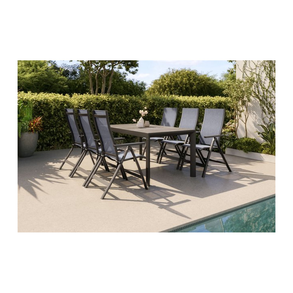 Siena Garden Silva Garten-Essgruppe aus Aluminium und Keramik mit 6 Klappstühlen, anthrazit/grau, Tisch B: 160 cm, T: 90 cm - Bild 1