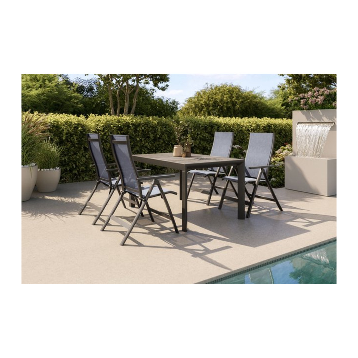 Siena Garden Silva Garten-Essgruppe mit 4 Klappstühlen, Esstisch mit Keramikplatte, Anthrazit/Grau, Aluminium/Textilene, B: 140 cm, T: 90 cm - Bild 1
