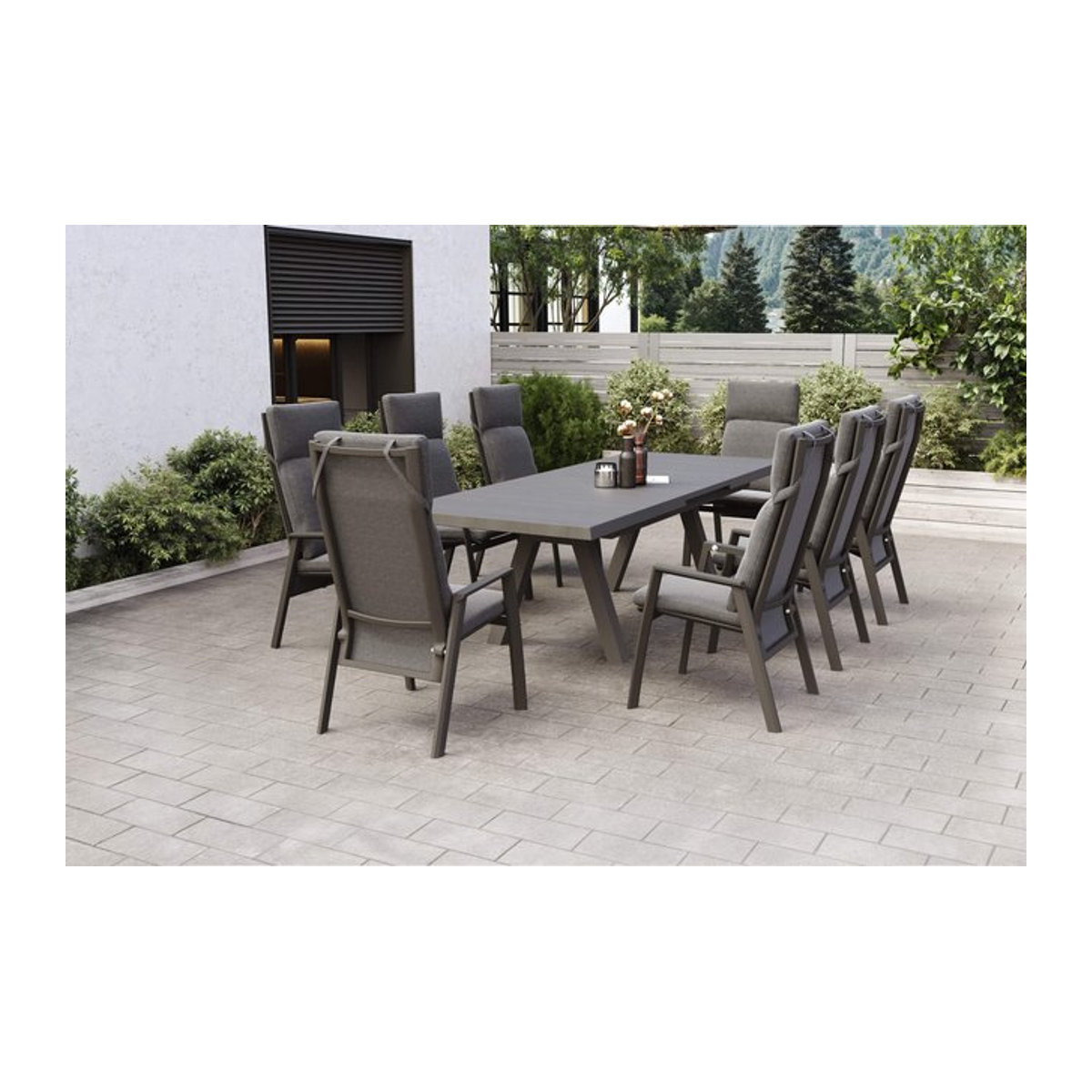 Siena Garden Tirana/Valencia Garten-Essgruppe aus Aluminium und Keramik mit Ausziehtisch und 8 Dining Sesseln in Matt Anthrazit und Wood-Grey - Bild 1