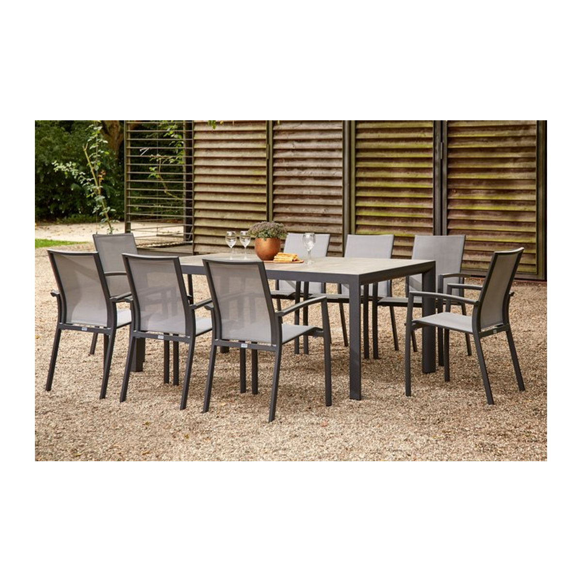 Siena Garden Velia Silva Garten-Essgruppe aus Alu, Ranotex und Keramik in Anthrazit und Washed Grey mit 8 Sesseln und Tisch B: 220 cm, T: 100 cm - Bild 1