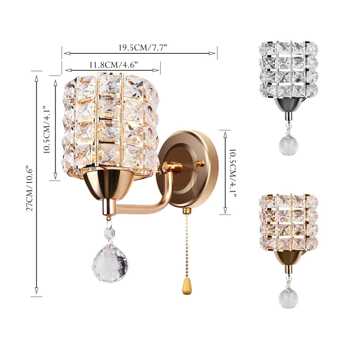 SIKEBOTE Kristall Wandlampe LED mit E27 Fassung und Pull-Schalter für Wohnzimmer, Schlafzimmer und Flur - Bild 4