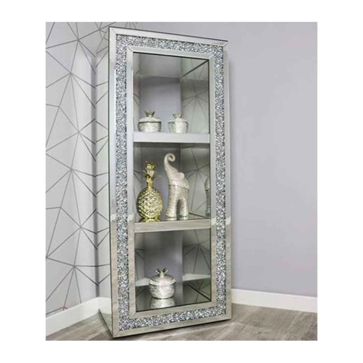 Silberne Glasvitrine mit Spiegel und dekorativen Strasssteinen - Bild 1