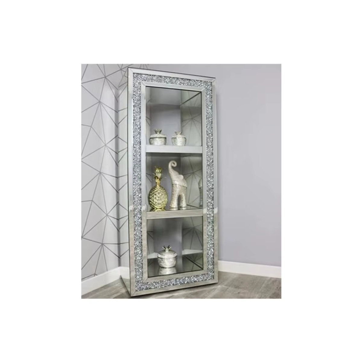 Silberne Glasvitrine mit Spiegel und dekorativen Strasssteinen - Bild 6