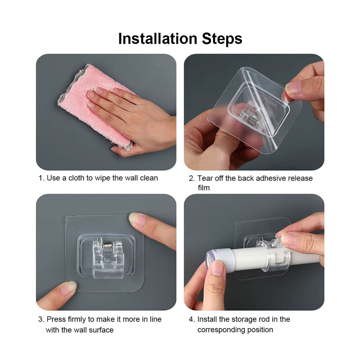Silicone World 4 Stück Selbstklebende Haken für Vorhangstangen in Transparent, Teleskopstangenhalterung ohne Bohren - Bild 6