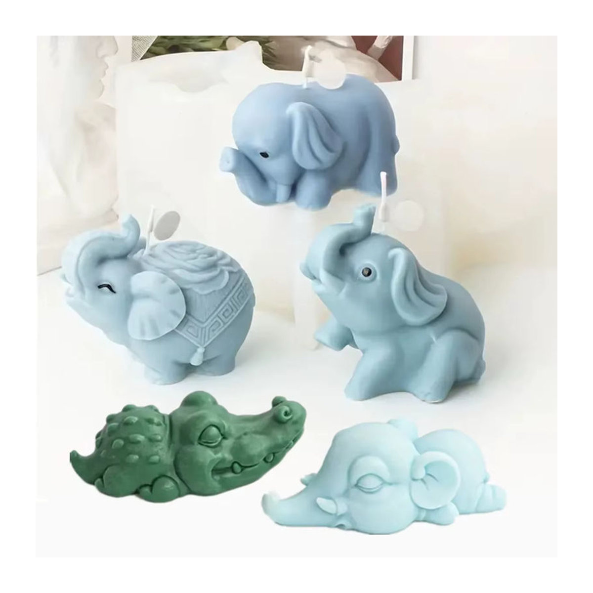 Silikonform für 3D Cartoon Tierfiguren wie Krokodil und Elefant zur Herstellung von Kerzen, Seife oder Kunstharz-Dekorationen in Blau - Bild 3