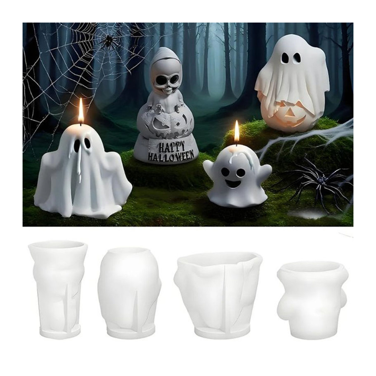 Silikonform für Halloween Kerzen und DIY Dekoration mit Geist, Kürbis und Schädel Motiven in Weiß - Bild 1