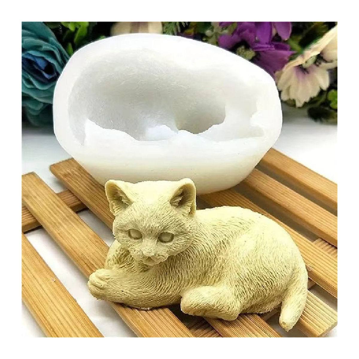 Silikonform für liegende Katzen zur Herstellung von Kunstharz- und Kerzenschmuck in Beige - Bild 3