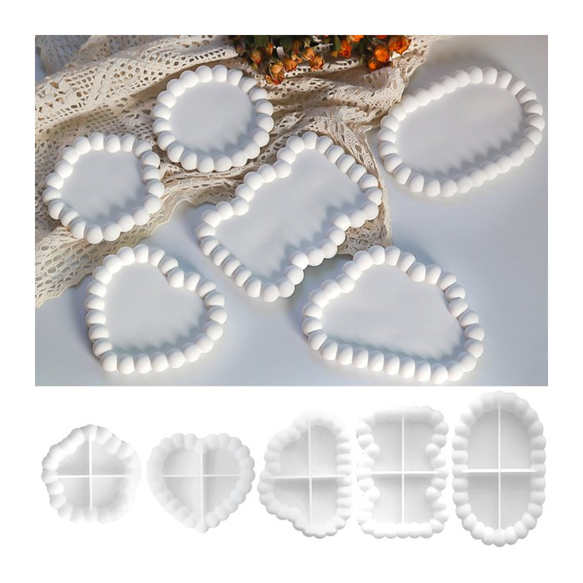 Silikonform UDOCOOL für DIY Resin, Gips und Zement mit Bubble-Design in den Formen Rund, Blume, Wolke und Herz für Untersetzer und Home Decor, Weiß - Bild 1