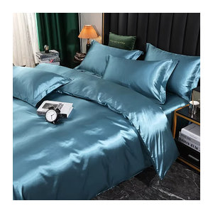 SINONICS Seiden Bettwäsche Set aus Satin mit Bettbezug, flachem Bettlaken und Kissenbezug in Blau