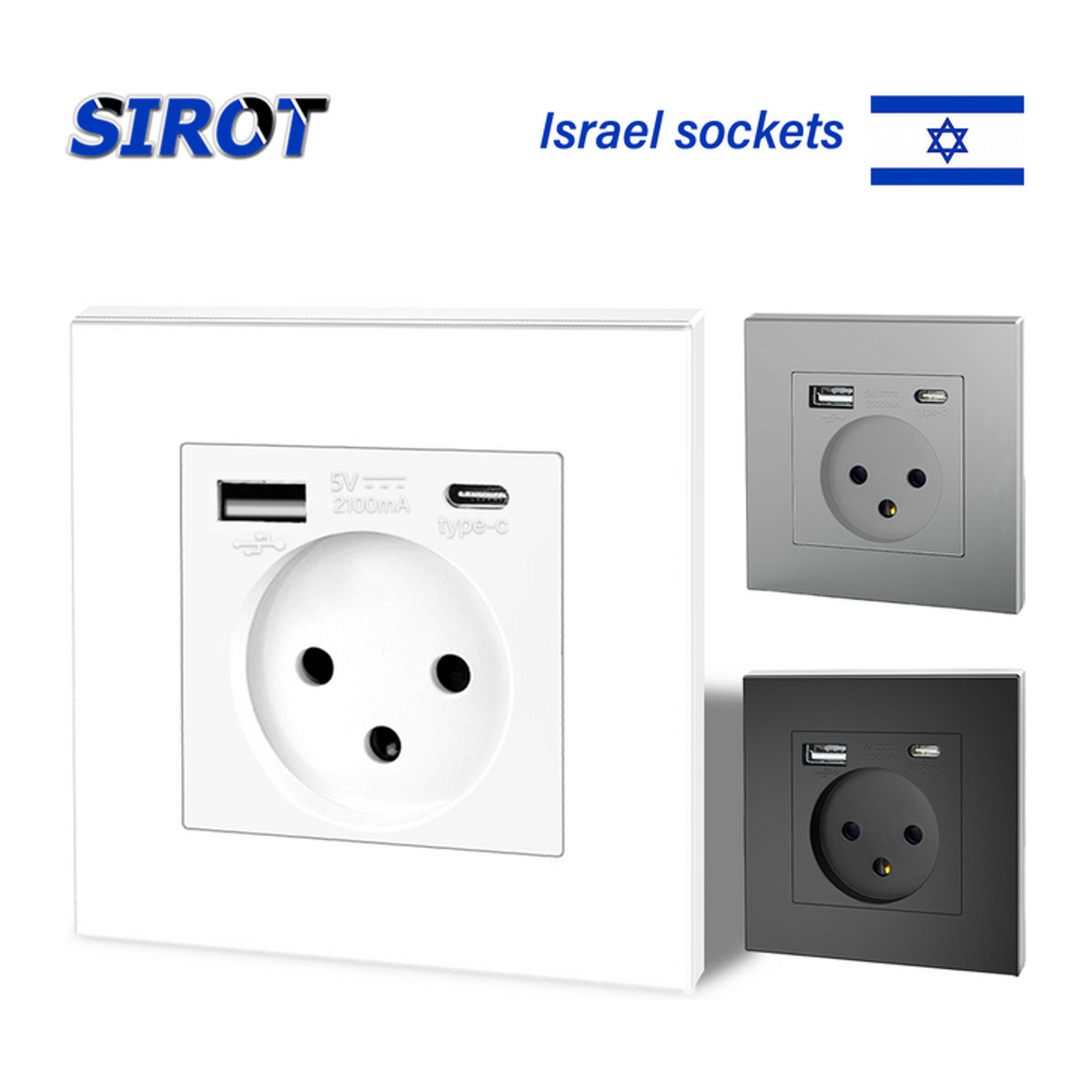 SIROT Israelische Wandsteckdose mit USB Typ C, flammhemmendes PC-Panel, 86 mm, Weiß, Schwarz, Grau - Bild 1
