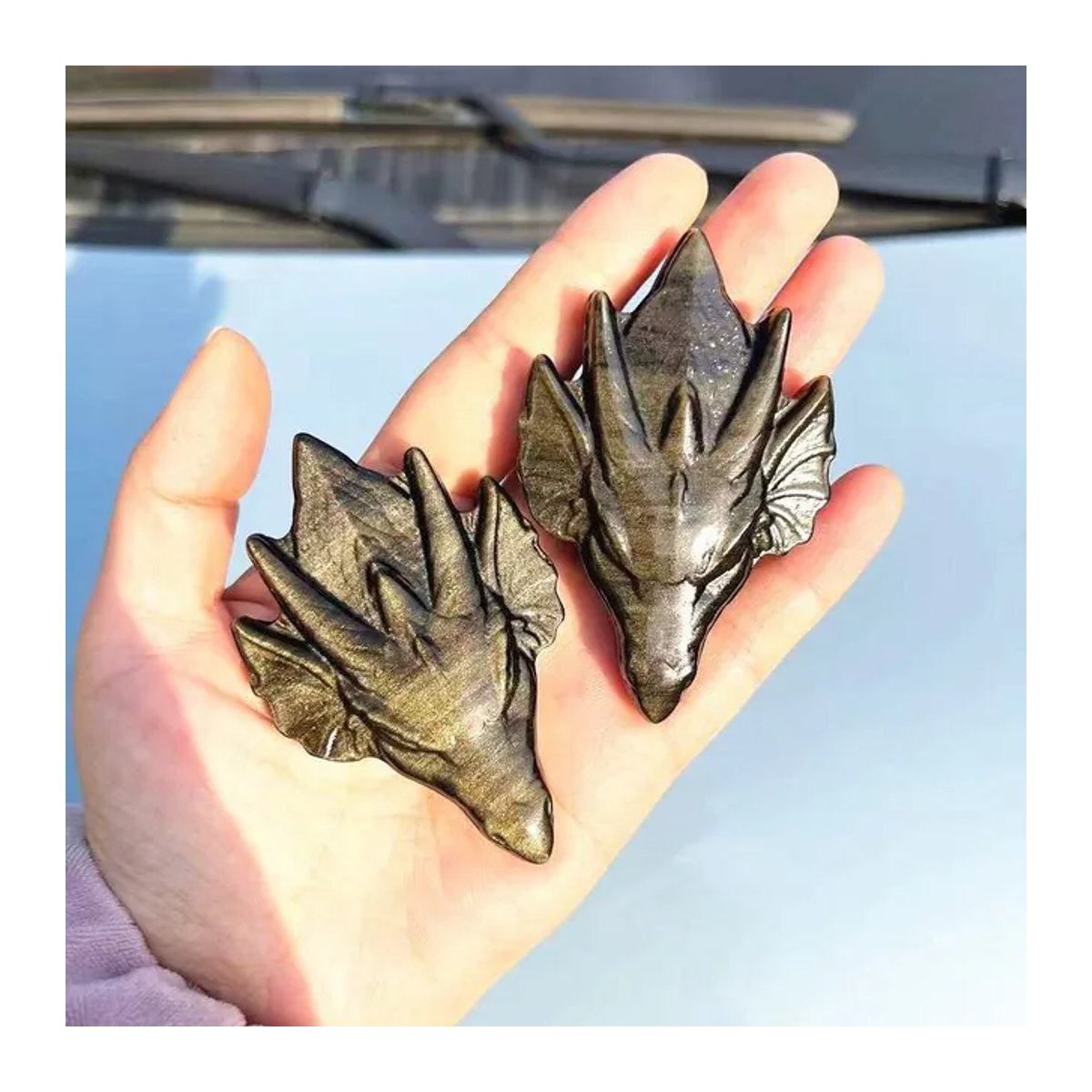Sisterstone Goldener Obsidian-Kristall Drachenschädel aus Stein als dekorative Schnitzerei - Bild 1