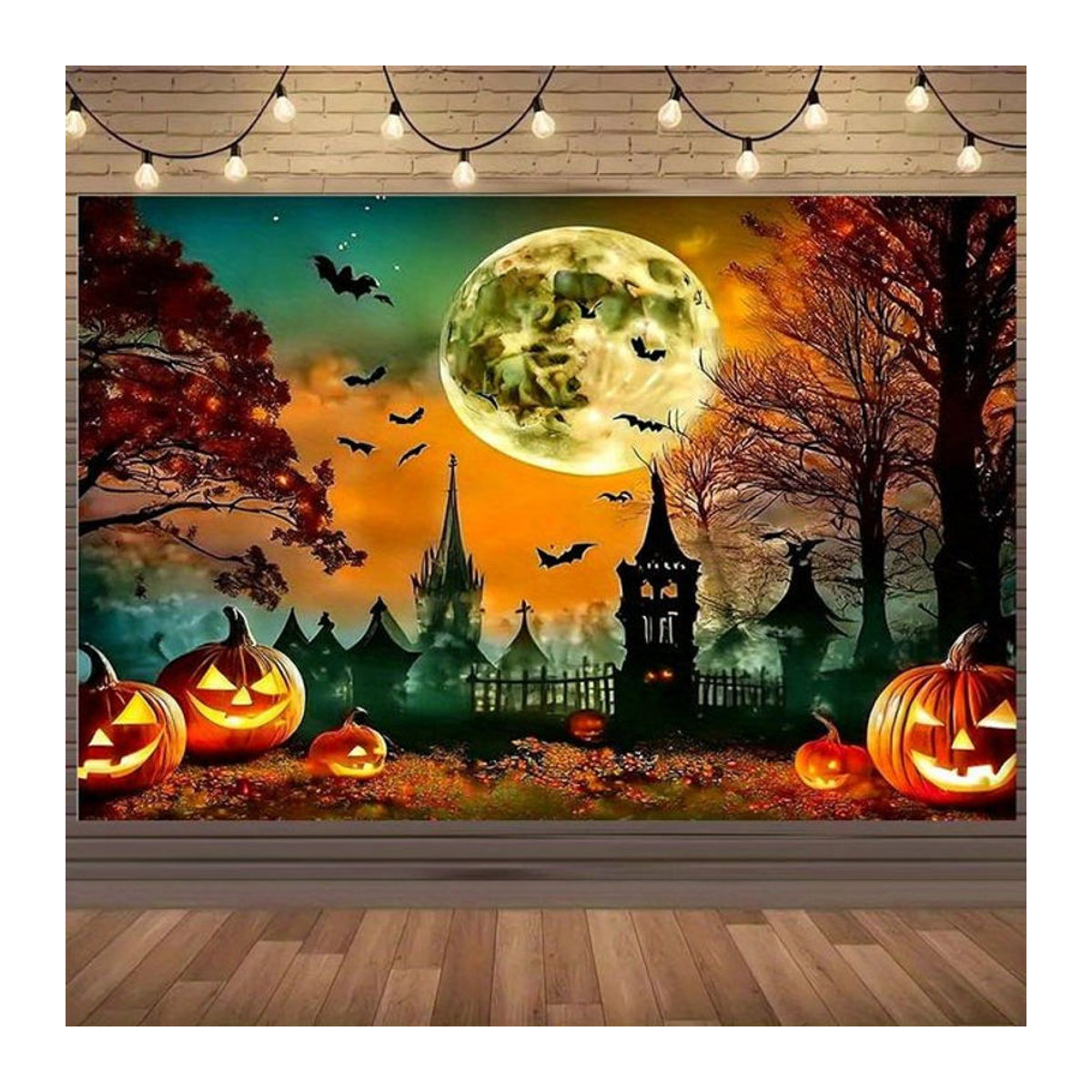 sjs Halloween 2D Hintergrund Dekoration mit Jack-O'-Lantern, Fledermäusen, Vollmond und Herbstbäumen, mehrfarbig, rechteckig - Bild 1