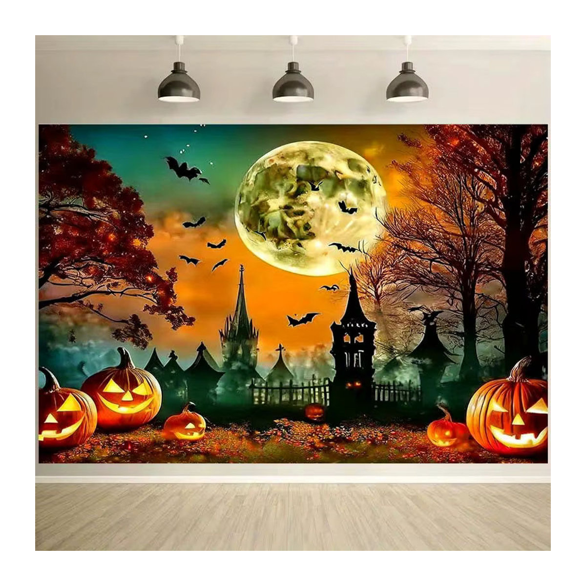 sjs Halloween 2D Hintergrund Dekoration mit Jack-O'-Lantern, Fledermäusen, Vollmond und Herbstbäumen, mehrfarbig, rechteckig - Bild 2