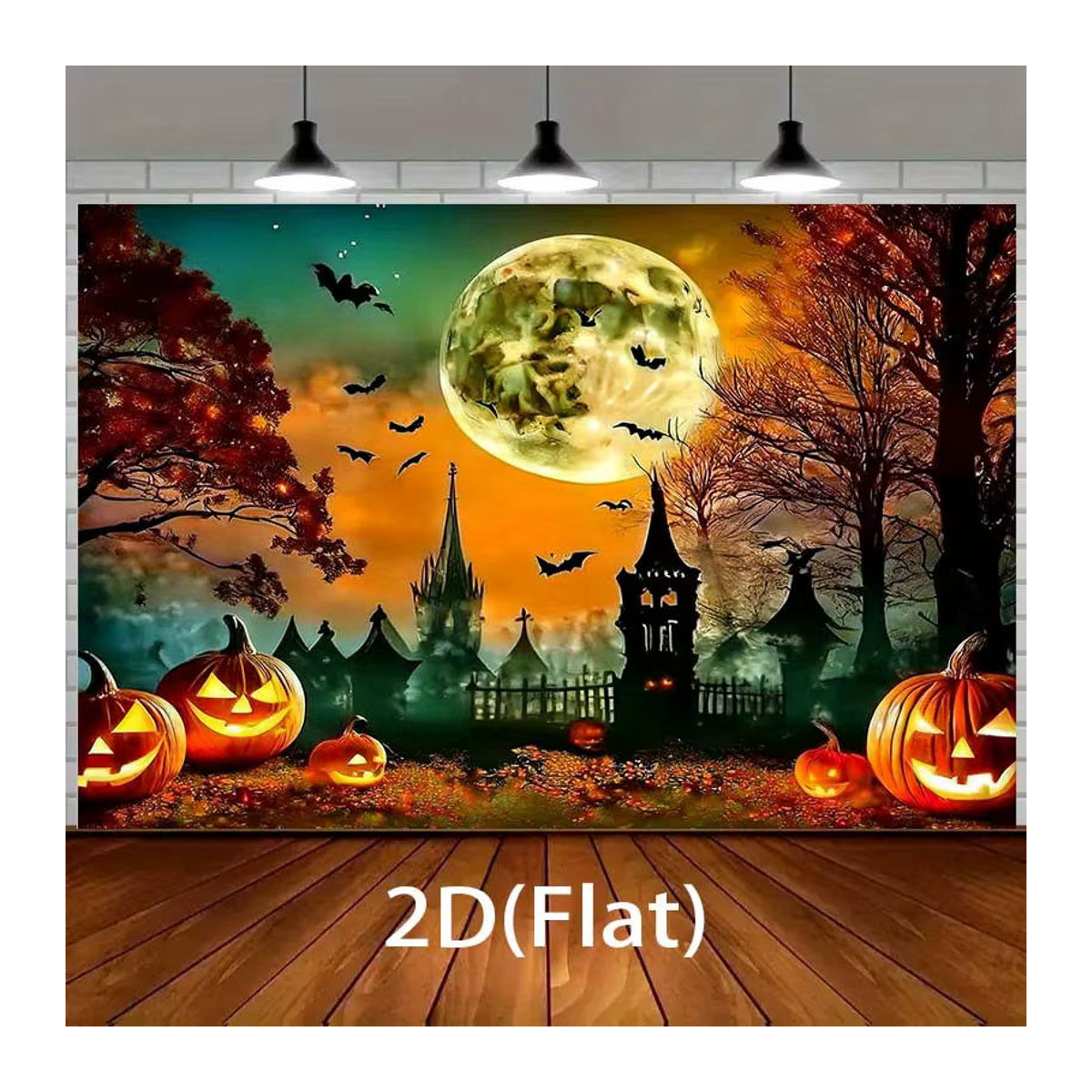 sjs Halloween 2D Hintergrund Dekoration mit Jack-O'-Lantern, Fledermäusen, Vollmond und Herbstbäumen, mehrfarbig, rechteckig - Bild 3