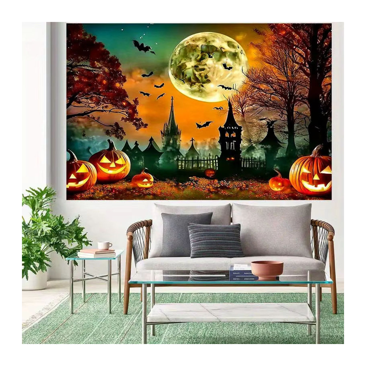 sjs Halloween 2D Hintergrund Dekoration mit Jack-O'-Lantern, Fledermäusen, Vollmond und Herbstbäumen, mehrfarbig, rechteckig - Bild 4