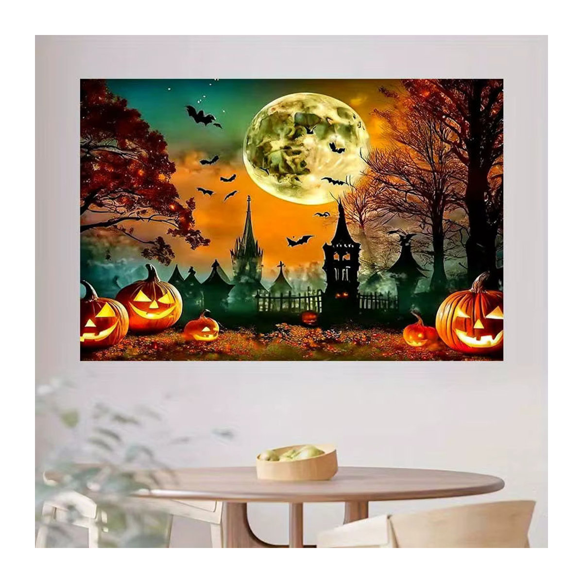 sjs Halloween 2D Hintergrund Dekoration mit Jack-O'-Lantern, Fledermäusen, Vollmond und Herbstbäumen, mehrfarbig, rechteckig - Bild 5