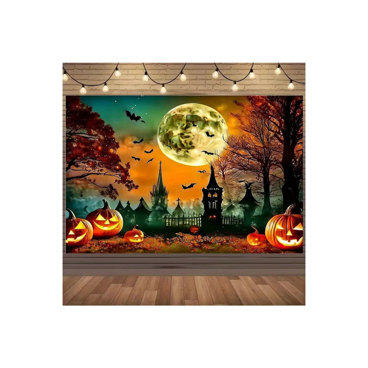 sjs Halloween 2D Hintergrund Dekoration mit Jack-O'-Lantern, Fledermäusen, Vollmond und Herbstbäumen, mehrfarbig, rechteckig - Bild 7
