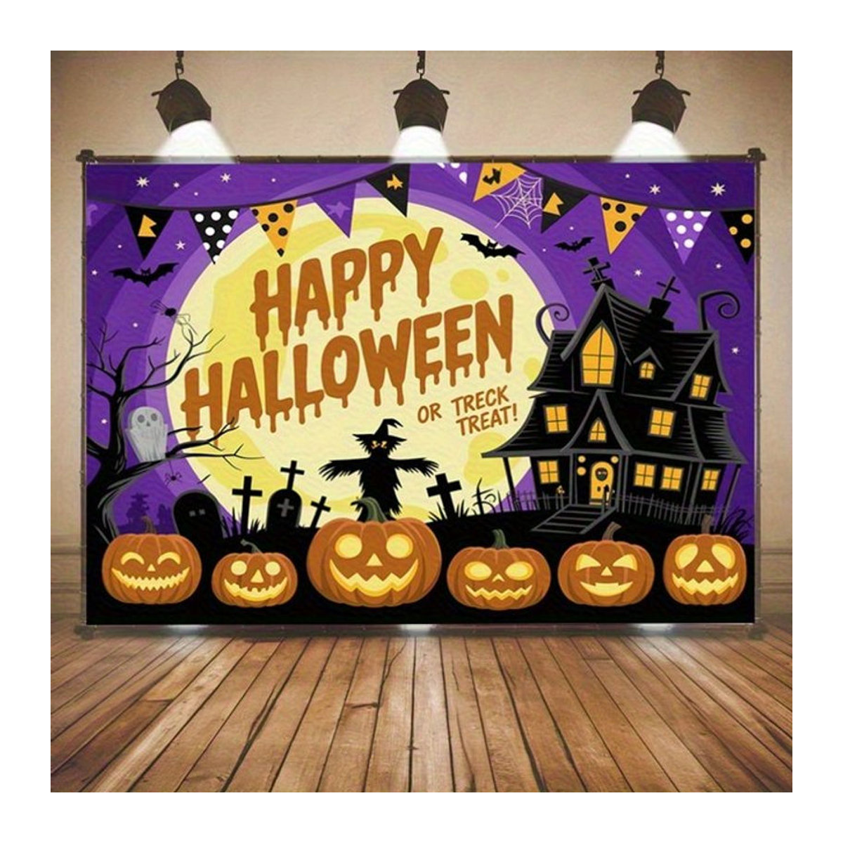 Sjs Halloween-Banner Happy Halloween mit Spukhaus, Kürbis und Hexensilhouette, mehrfarbig, rechteckig, hängend - Bild 1
