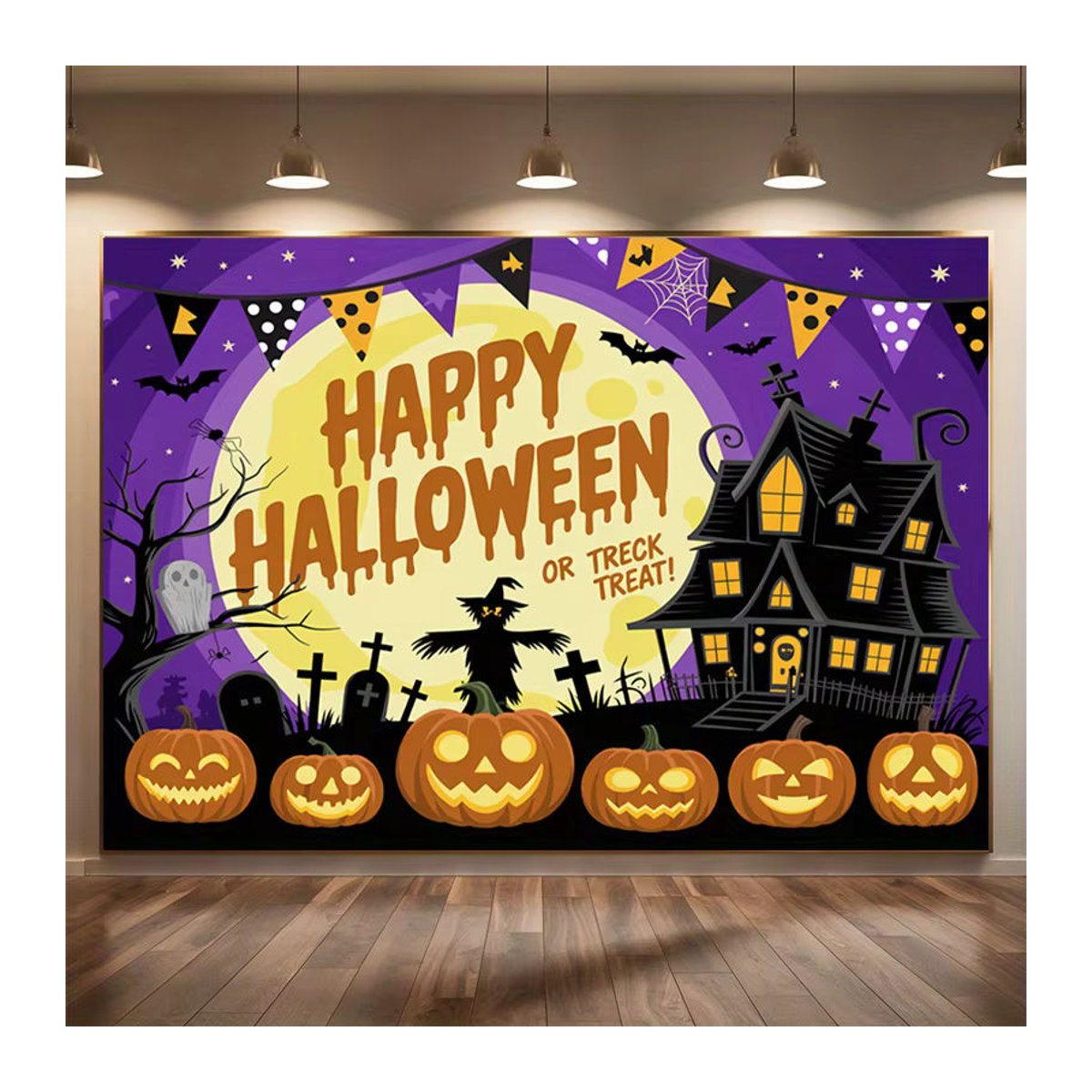 Sjs Halloween-Banner Happy Halloween mit Spukhaus, Kürbis und Hexensilhouette, mehrfarbig, rechteckig, hängend - Bild 2