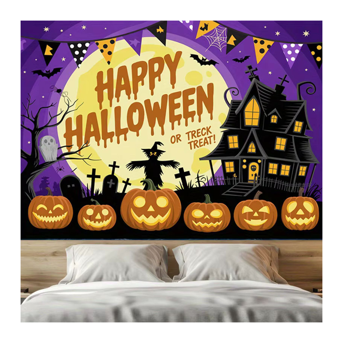 Sjs Halloween-Banner Happy Halloween mit Spukhaus, Kürbis und Hexensilhouette, mehrfarbig, rechteckig, hängend - Bild 3
