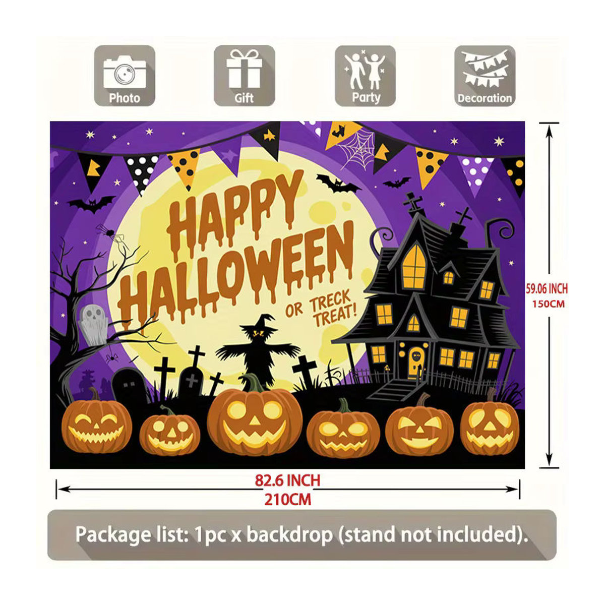 Sjs Halloween-Banner Happy Halloween mit Spukhaus, Kürbis und Hexensilhouette, mehrfarbig, rechteckig, hängend - Bild 4