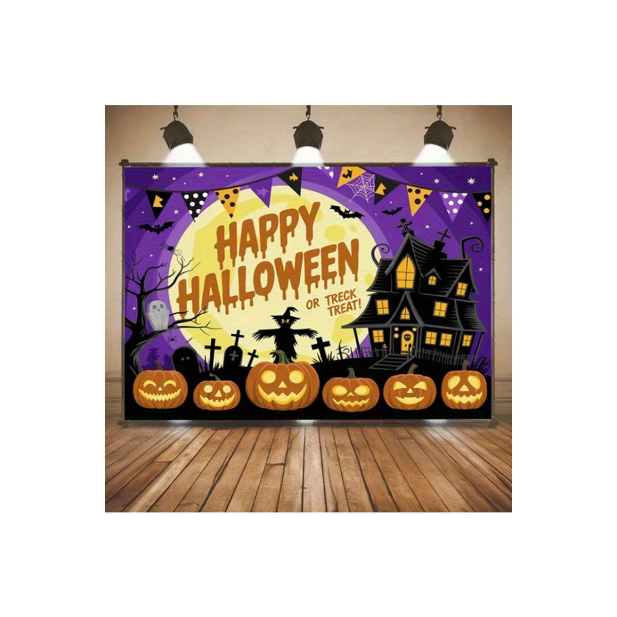 Sjs Halloween-Banner Happy Halloween mit Spukhaus, Kürbis und Hexensilhouette, mehrfarbig, rechteckig, hängend - Bild 5