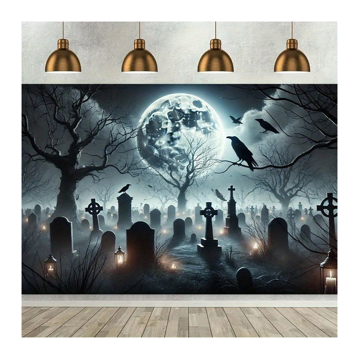 Sjs Halloween-Banner Hintergrundtuch mit Vollmond, Krähen und Grabszene, mehrfarbig und schwarz, rechteckig - Bild 1