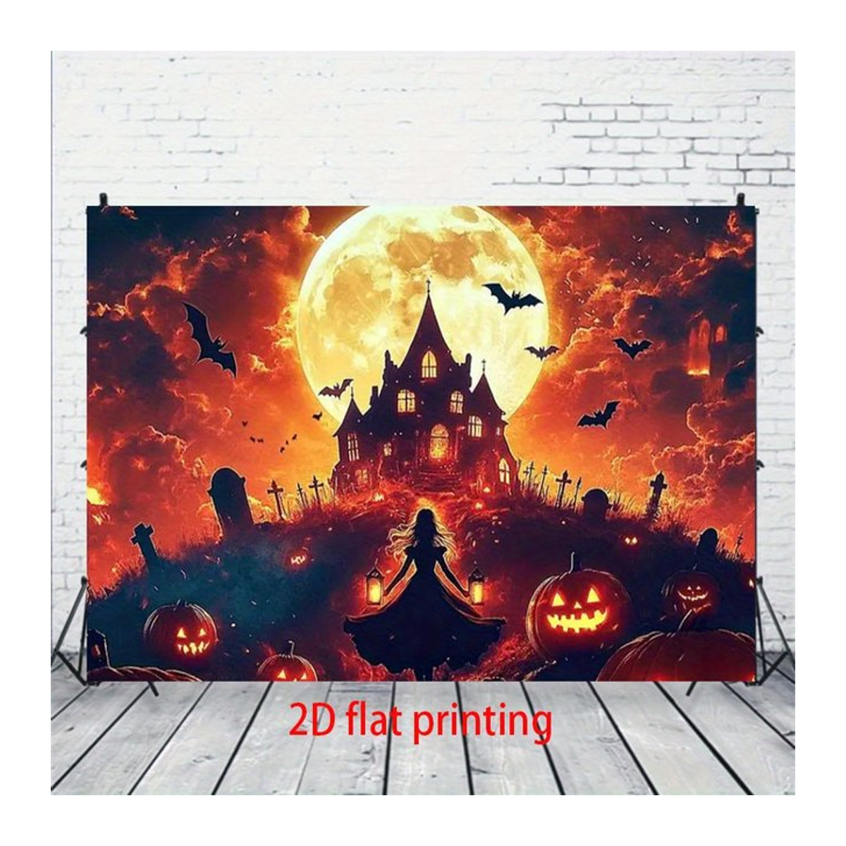 sjs Halloween-Bannerhintergrund mit Schloss, Fledermäusen und Kürbissen, mehrfarbig, rechteckig - Bild 1