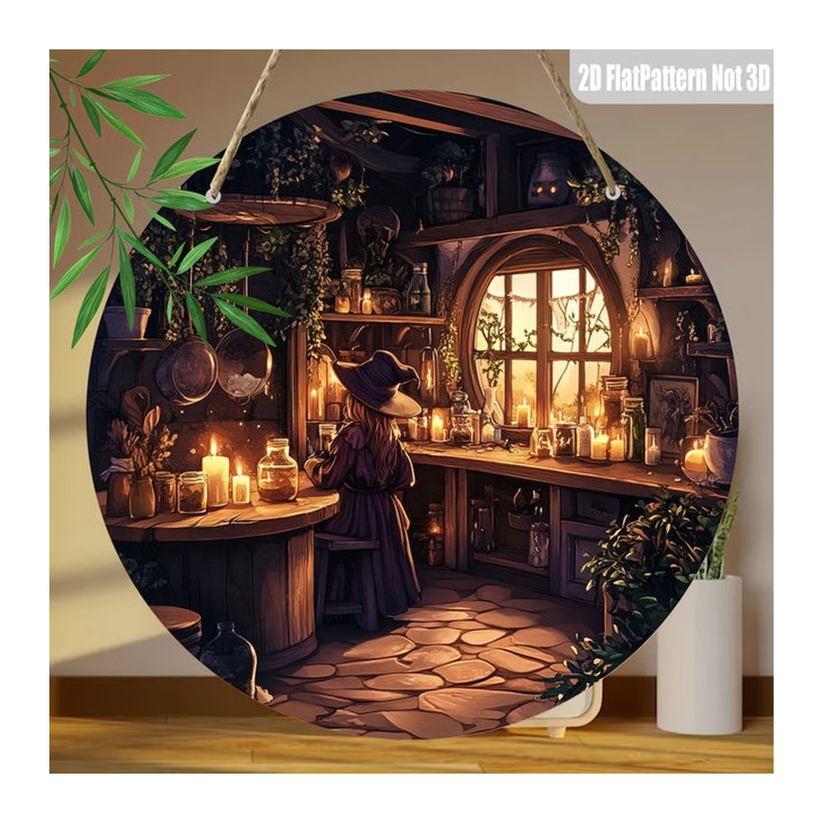 Sjs Halloween-Hängeschild aus rundem Holz mit Hexen-Trankszene, mehrfarbig - Bild 1