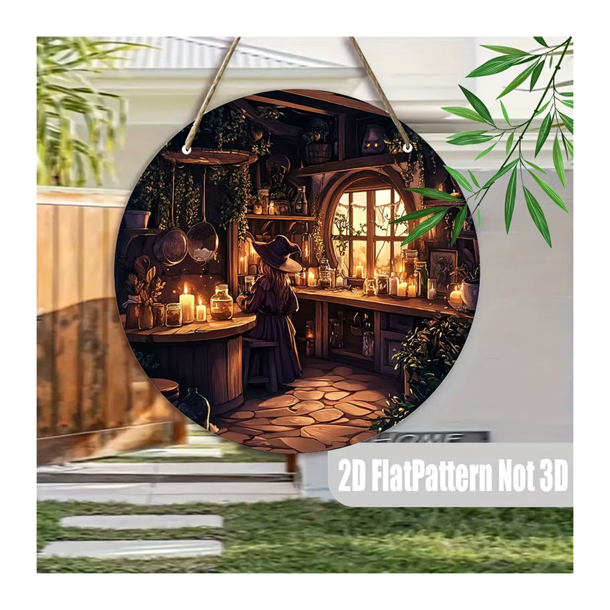 Sjs Halloween-Hängeschild aus rundem Holz mit Hexen-Trankszene, mehrfarbig - Bild 2