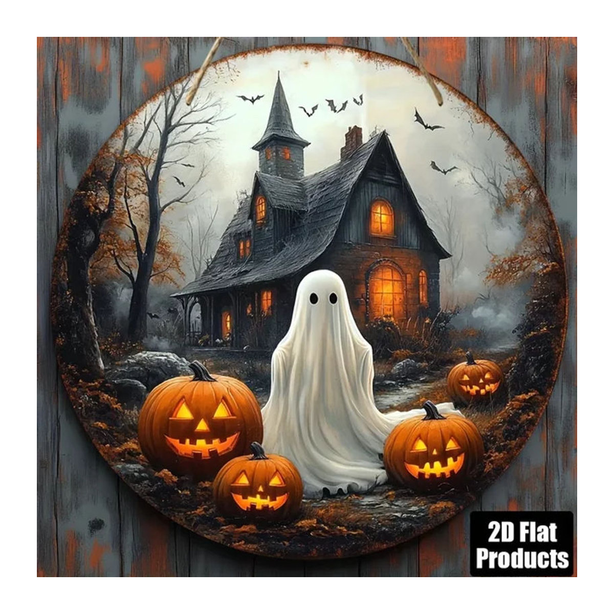Sjs Halloween-Hängeschild aus rundem Holz mit Kürbiskopf, Spukhaus und Geist, mehrfarbig - Bild 1