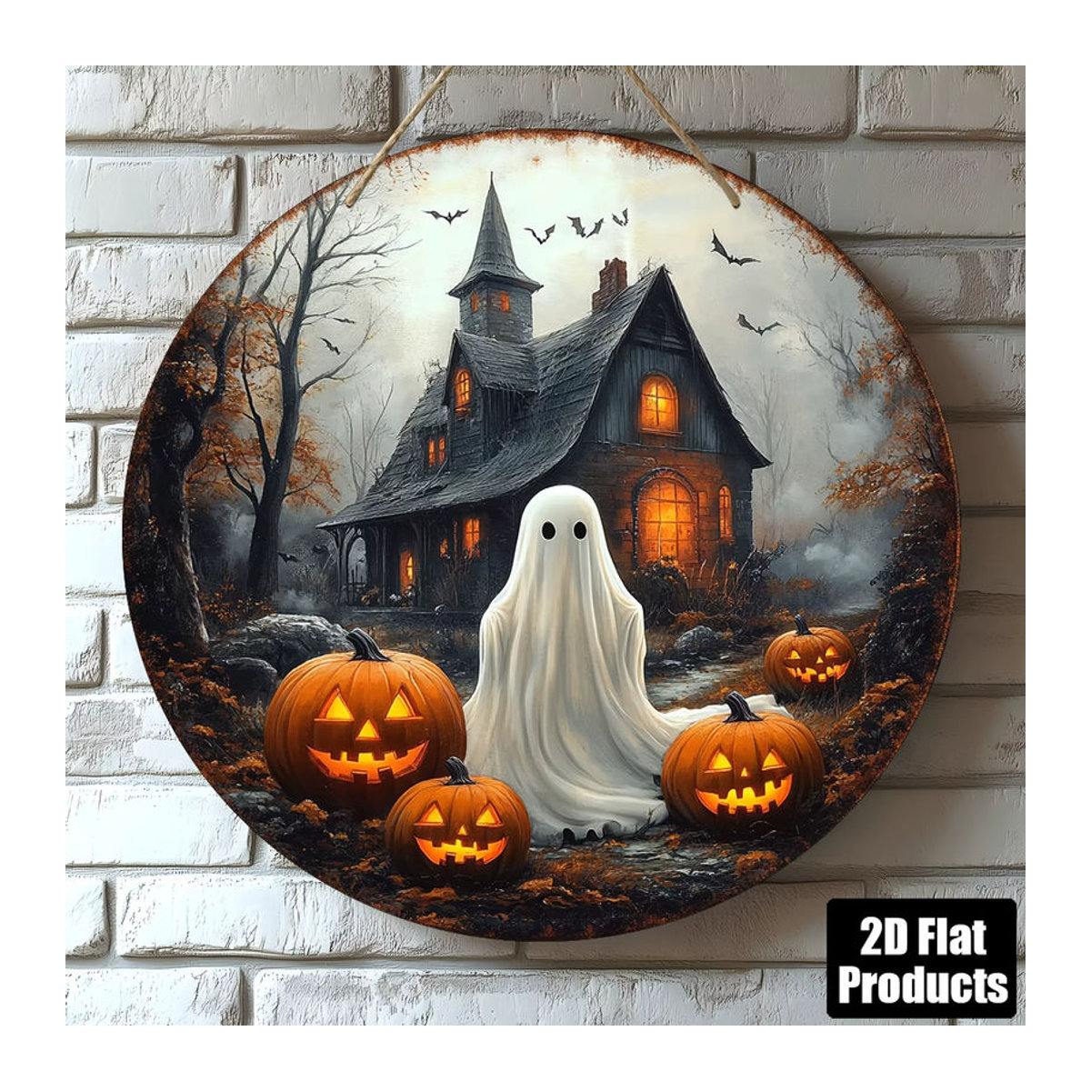 Sjs Halloween-Hängeschild aus rundem Holz mit Kürbiskopf, Spukhaus und Geist, mehrfarbig - Bild 2