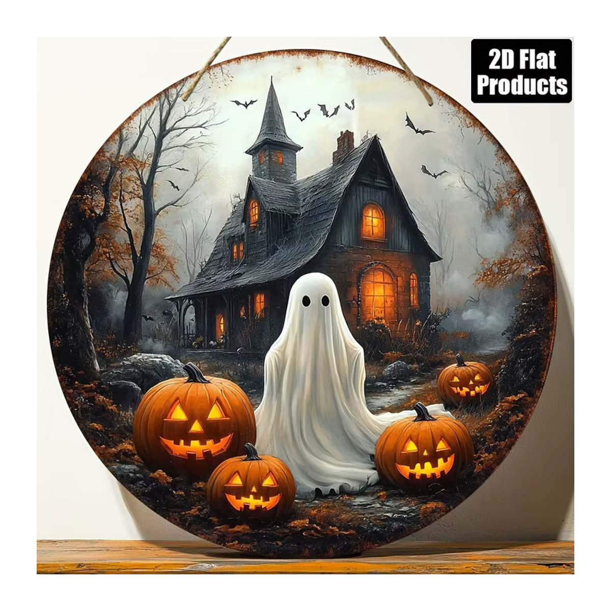 Sjs Halloween-Hängeschild aus rundem Holz mit Kürbiskopf, Spukhaus und Geist, mehrfarbig - Bild 4