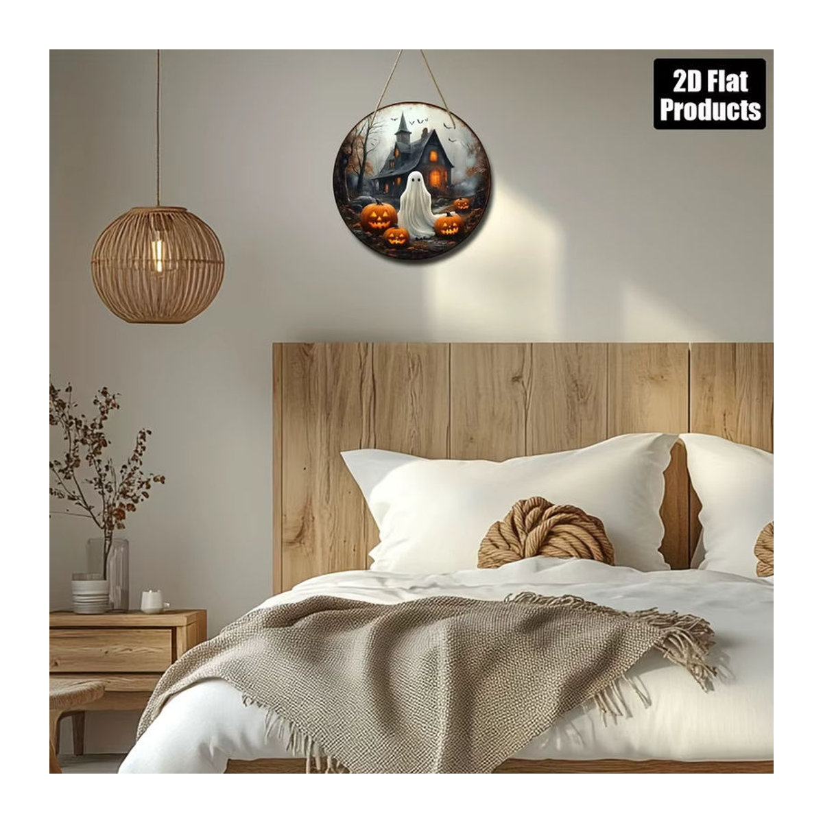 Sjs Halloween-Hängeschild aus rundem Holz mit Kürbiskopf, Spukhaus und Geist, mehrfarbig - Bild 5